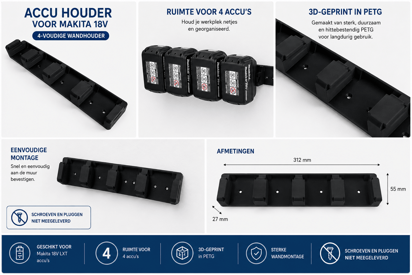 3D Geprinte Accu Houder – passend met Makita 18V – Wandmontage - 3DTS