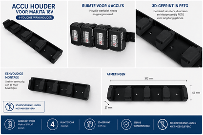 3D Geprinte Accu Houder – passend met Makita 18V – Wandmontage - 3DTS