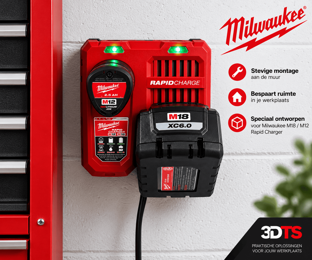 Wandhouder voor Milwaukee M18/M12 Rapid Charger – PETG - 3DTS